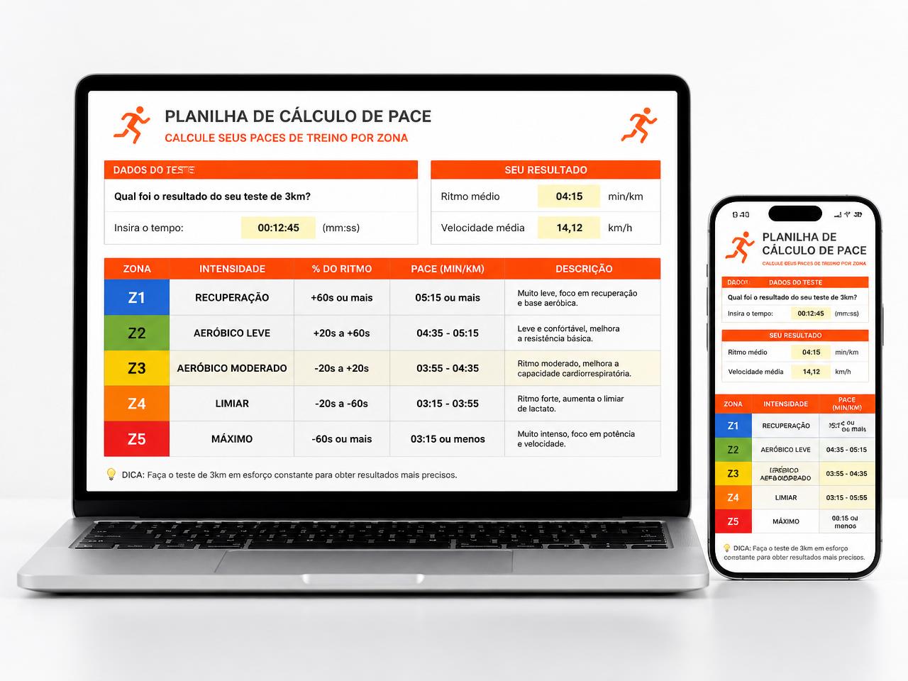 Planilha de cálculo de pace exibida em notebook e celular, mostrando as zonas de treino Z1 a Z5
